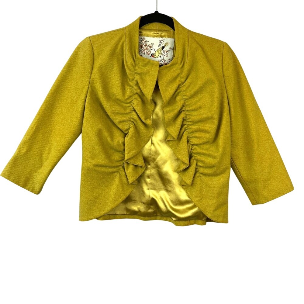 Anthropologie Tabitha Wool Blend Chartreuse‎ Cropped Ruffle Blazer Size S Chic